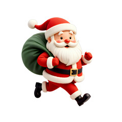 Cartoon Santa Claus Running with Sack, Red Suit, Transparent Background