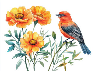 Obraz premium Vibrant Bloom and Scarlet Finch: A delicate watercolor illustration of a vivid orange flowers beside a charming scarlet finch perched on a stem, evoking a sense of nature's artistry.
