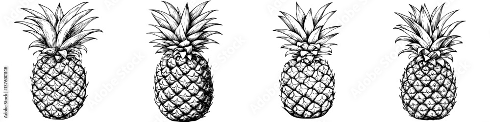 Poster pineapples displayed in a row with intricate details showing texture and shape on a white background