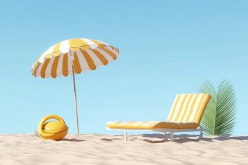 Beach umbrella with sun lounger and beach accessories. Vacation, vacation and travel concept. Mock up. 3d rendering