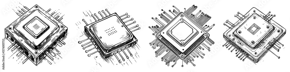 Poster design of multiple computer processors with intricate details showcasing technology and innovation i