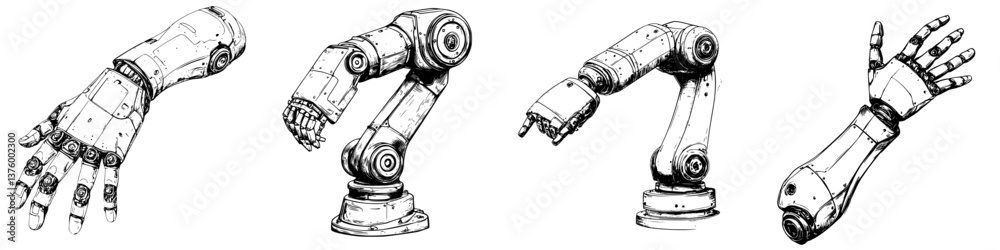 Poster robotic arms showcase versatility in various positions for automation and engineering applications