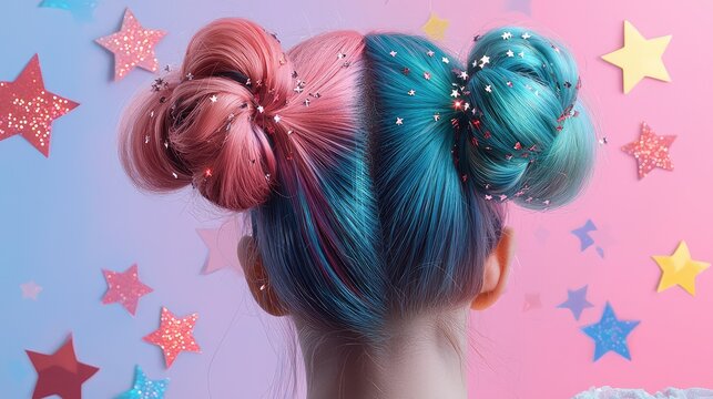 A cute and playful 3D hairstyle featuring two space buns decorated with glittering stars.