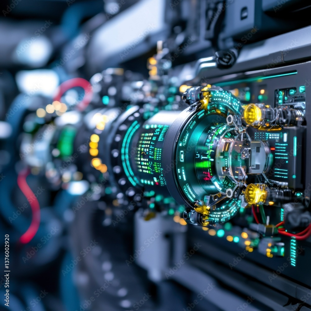 Poster close up view of a futuristic technological device with glowing teal and amber circuits, intricate d