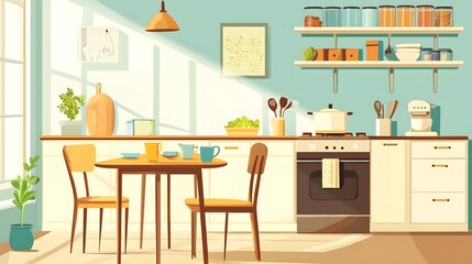 Modern Light Kitchen Interior Design with Table, Chairs, and Shelves
