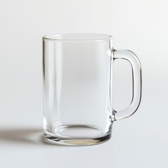 Clear Glass Mug Standing on White Surface with Subtle Shadow Detail