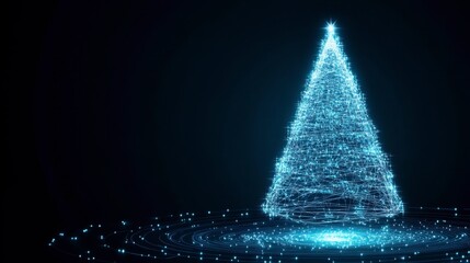 Glowing blue Christmas tree on a dark background, with sparkling lights at the base.