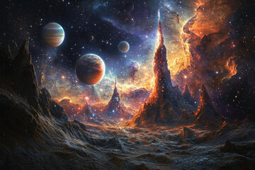 Realistic cosmos celestial landscapes. breathtaking realistic depiction of celestial landscapes showcases cosmos with vibrant colors and intricate details