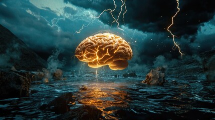 Human brain glowing with lightning bolts and neural energy on dark blue scene