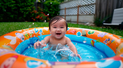 A little boy enjoys a sunny day playing in an inflatable pool with colorful designs of sea animals. All around, there is a green garden with vegetation and a wooden fence in the background.