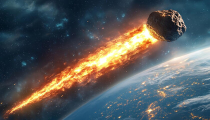 Realistic cosmos celestial landscapes. realistic depiction of celestial landscape shows fiery asteroid hurtling through cosmos towards Earth, evoking awe and wonder