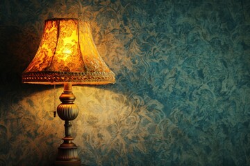 A beautiful lit antique lamp illuminating a vintage patterned wallpapered wall