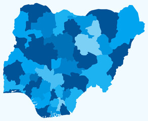 Map of Nigeria with regions. A simple country border map with regional divisions. Light blue color palette. Flat Federal Republic of Nigeria shape with administrative division. Vector illustration.