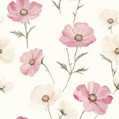 Elegant Floral Pattern with Pink and White Blossoms on Light Background