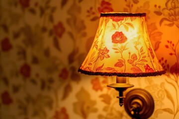 An illuminated lampshade with floral patterns hanging on the wall