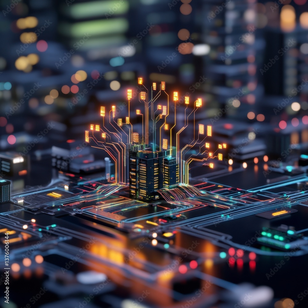 Poster abstract digital cityscape at night, glowing circuit board with data streams and central processor. 