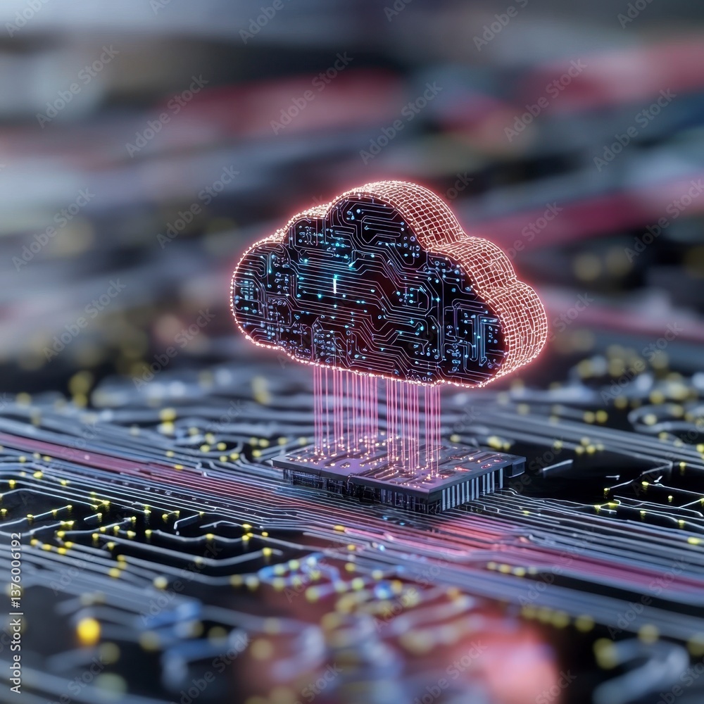 Poster abstract digital cloud data storage concept, glowing cloud shape above a circuit board. intricate de