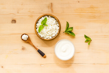 Various dairy products, top view. Milk and cottage cheese with sour cream