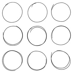 Hand drawn doodle set of circles on white background.
