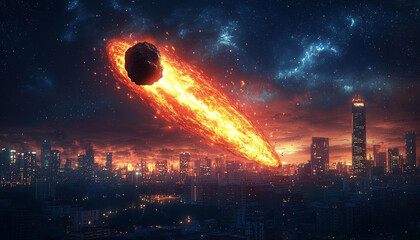 Realistic cosmos celestial landscapes. breathtaking cosmic landscape showcases fiery asteroid hurtling towards vibrant city skyline, blending realism with celestial