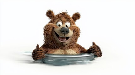Playful Brown Bear in Water with Thumbs Up