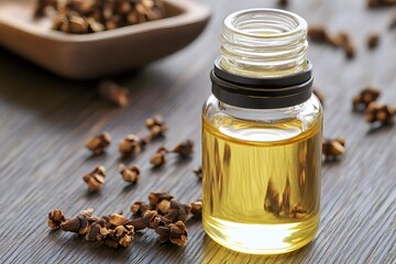 Clove Essential Oil in Glass Bottle with Cloves