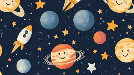 A seamless kids pattern of smiling cartoon planets stars and rocket ships on a dark blue background space themed and imaginative