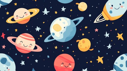A seamless kids pattern of smiling cartoon planets stars and rocket ships on a dark blue background space themed and imaginative