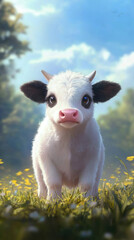 Obraz premium Adorable baby cow standing in sunny meadow surrounded by flowers, with curious and playful expression