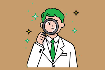 Cartoon Detective Character with Magnifying Glass: Green Hair and White Coat on Tan Background, Ideal for Mystery and Investigation Concepts.