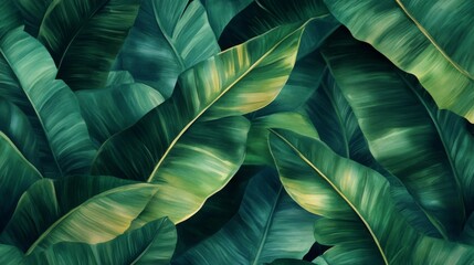Obraz premium A seamless pattern of tropical banana leaves in vibrant green tones layered with subtle watercolor textures nature inspired background