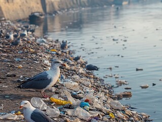 birds scavenging plastic scraps for food along a polluted riverbank focus on resourcefulness whimsical overlay waterway edge