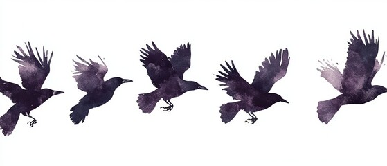 Obraz premium Flock of Black Birds Flying Gracefully in Watercolor Style on a White Background