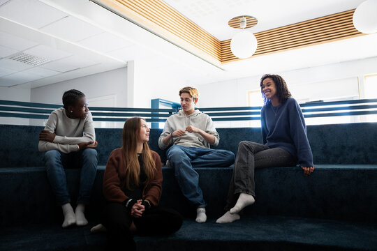 Multiracial female and male friends spending leisure time talking with each other at campus