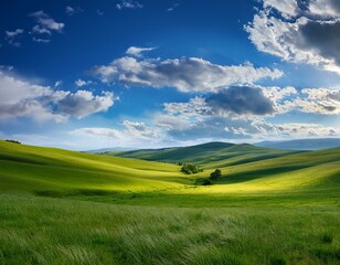 Obraz premium A serene landscape of vibrant green meadows under a vast blue sky dotted with fluffy white