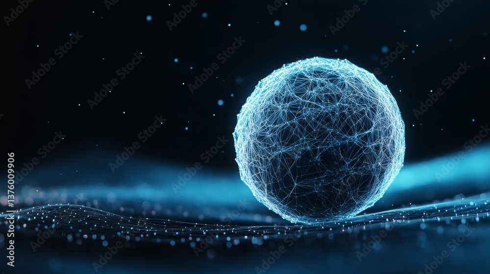 Poster abstract image of a glowing sphere composed of interconnected points of light, resting on a dark, te