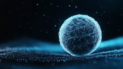 Abstract image of a glowing sphere composed of interconnected points of light, resting on a dark, textured surface with subtle light trails, creating a sense of depth and mystery.