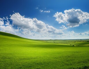 Fototapeta premium A serene landscape of vibrant green meadows under a vast blue sky dotted with fluffy white