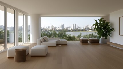 Fototapeta premium An airy, modern living room with large windows framing a cityscape view and interior design elements. Features a comfortable sofa and decor