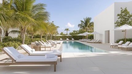 A luxurious resort scene with a pool and loungers, palm trees create a relaxing and upscale setting. The bright sky enhancing the inviting atmosphere.