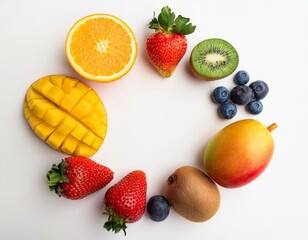 Above view of colorful fruits, strawberries, blueberries, mango, orange, grapefruit, banana, 