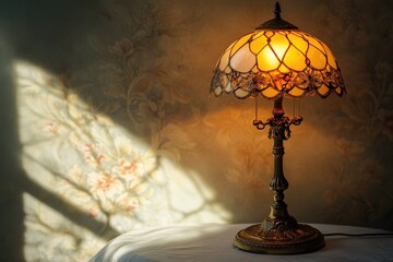 A vintage decorative stained glass lamp illuminates a dim room