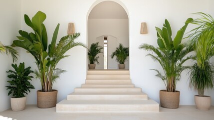 Naklejka premium A Stylish entrance with an archway, steps, and potted plants creating a welcoming atmosphere. The architectural design features clean lines and a sense of tranquility
