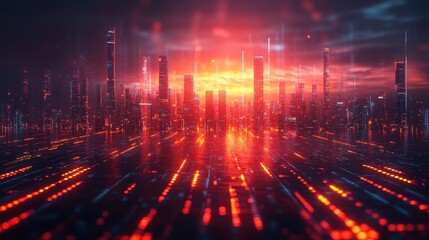 Fototapeta premium Futuristic Cityscape at Sunset Neon Lights Digital Skyline Red Glow