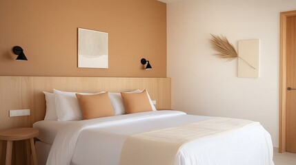 An elegantly decorated bedroom with neutral tones and minimalist design, showcasing a comfortable bed and stylish decor.