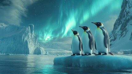 Obraz premium penguins standing near oil-streaked ice illuminated by a dim aurora focus on unity ethereal blend mode frozen landscape