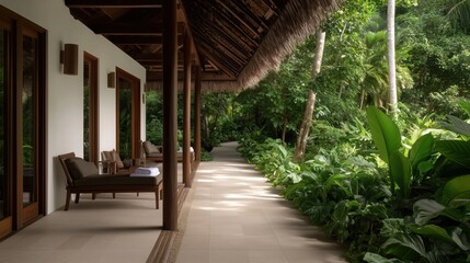 Fototapeta premium A serene pathway through a resort, bordered by lush greenery, inviting relaxation and tranquility.