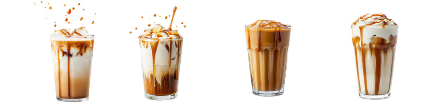 Assortment of indulgent layered coffee based beverages including caramel topped mochas frappes and creamy frothy lattes in tall glasses