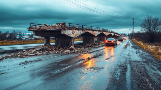 The Crumbling Bridge: A dramatic scene of an old, deteriorating bridge, partially collapsed, against a moody, overcast sky, conveying a sense of decay and potential danger.