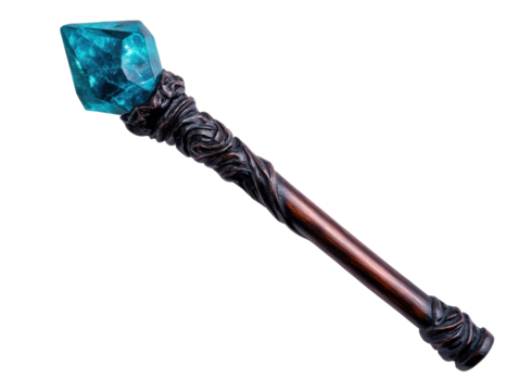 Mystical magic wand with a turquoise crystal gemstone on a transparent background, cut out